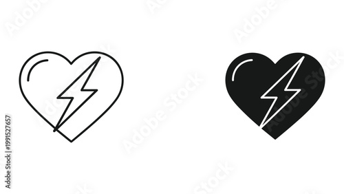 Black and white heart with lightning bolt icons in line art and solid styles