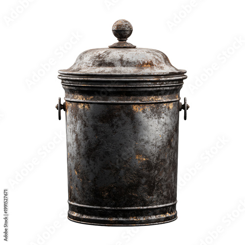 Professional Isolated Weathered Metal Trash Can with Lid on White Background Usage