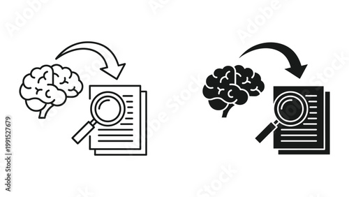 Black and white icons of brain transferring knowledge to documents with magnifying glass