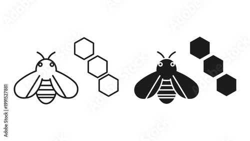Black and white bee icons with honeycomb on white background