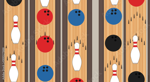 Colorful bowling pins and balls.