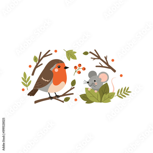 A robin perched beside a baby mouse in a stylized forest illustration with autumnal leaves and berries.