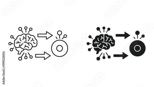 Brain with neurons and signals to a circle with lines and arrows on white background