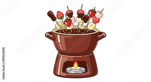 Delicious Chocolate Fondue With Fresh Fruit and Marshmallows.
