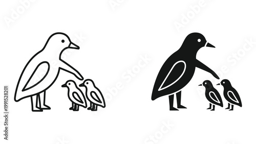 Vector illustration of a bird with two chicks in black and white