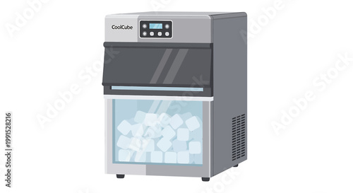 Commercial Ice Maker Machine With Clear Ice Cubes In Storage Bin.