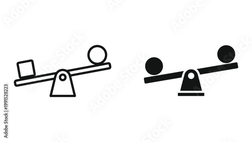Black and white illustration of balance scales with shapes on each side