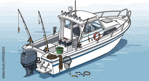 Detailed illustration of a white fishing boat on the water ready to fish.