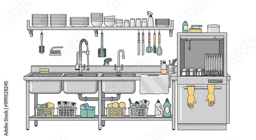 Commercial kitchen sink and dishwasher area illustration.