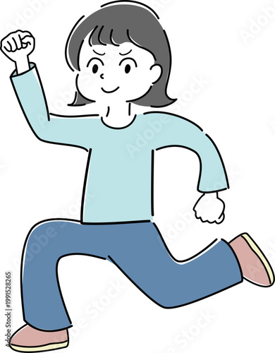 笑顔でガッツポーズをする女性の全身シンプルイラスト（成功・達成・やる気・ポジティブ・人物素材） /
Full body smiling woman making a victory pose simple line illustration (success, achievement, motivation, positive, people)