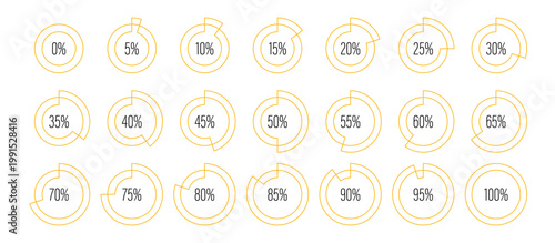 Set of circle percentage progress bar diagrams meters from 0 to 100 ready-to-use for web design, user interface UI or infographic - indicator with yellow