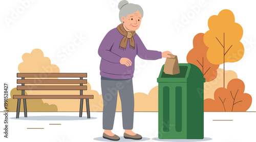 Elderly woman throwing trash into a green bin in the park.