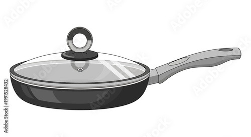 Detailed illustration of a non-stick frying pan with a glass lid.