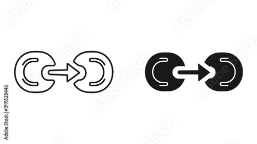 Black and white icons of linked circles with arrows pointing right