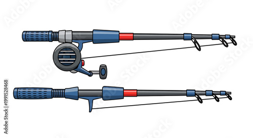 Detailed illustration of two fishing rods with reels and lines.