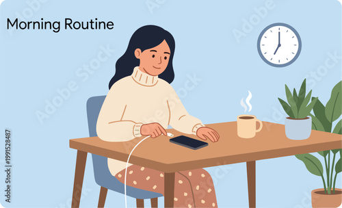 Woman sitting at desk with laptop coffee and plant in morning