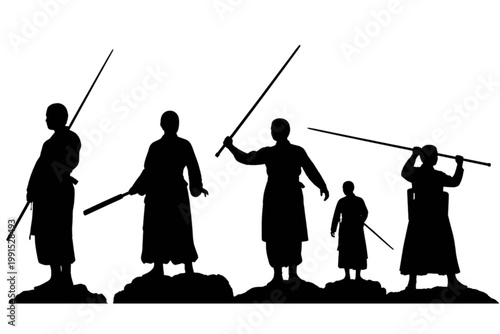 Five Traditional Martial Artists (Men) in Dynamic Silhouette Poses 