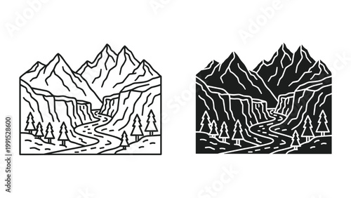Black and white mountain landscape with trees and winding road vector illustration