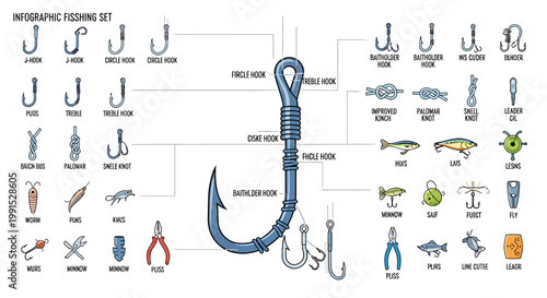 Detailed Infographic of Fishing Hooks and Equipment for Angling.