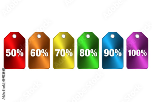 Set of 6 Metal Price Tags with Discount Percentages (50%, 60%, 70%, 80%, 90%, 100%) – Each Tag in a Distinct Color