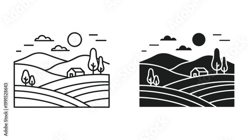 Vector illustration of a rural landscape with hills, trees, and a house under a sunny sky with clouds