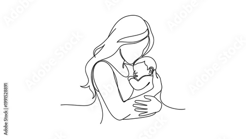 Continuous line drawing of a mother holding her newborn baby. Continuous line style. Hand drawn. Line art. Vector design. illustration