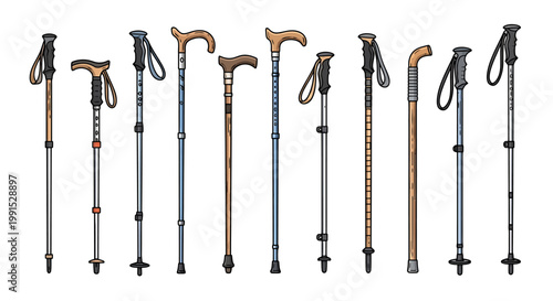 Diverse collection of walking sticks and trekking poles for outdoor adventures and hiking support.