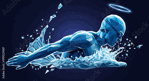 Dynamic Swimmer Gliding Through Water with Halo, Artistic Rendering.