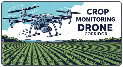 Drone flying over crop field.