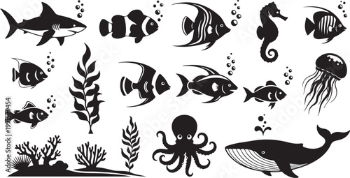 Underwater marine life black and white icons set
