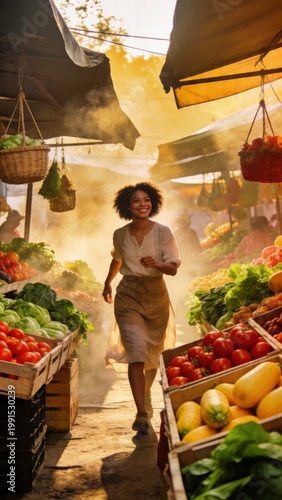 Woman shopping at a vibrant farmers market with fresh produce