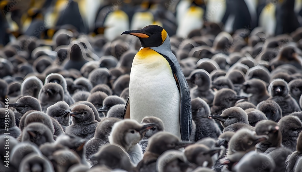 Obraz premium Adult King Penguin (Aptenodytes patagonicus) standing among a large colony of nearly fully grown chicks at Volunteer Point, Falkland Islands wildlife breeding colony scene