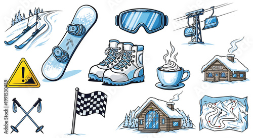 Winter sports icons, ski equipment, snowboarding gear, cold weather symbols, vector illustrations