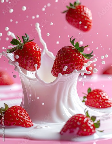 Strawberries plunge into a splash of creamy milk