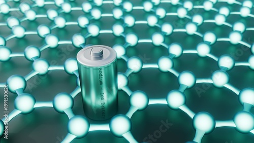 Canvastavla 3d rendering of a silver sodium-ion battery standing on a graphene nanosheet lattice, representing advanced energy storage