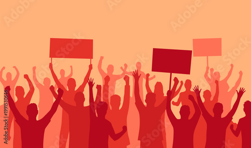 Peaceful protest and revolution. Silhouette of riot protesting crowd demonstrators with banners and flags. People on the meeting, crowd with banners. Vector illustration of conflict