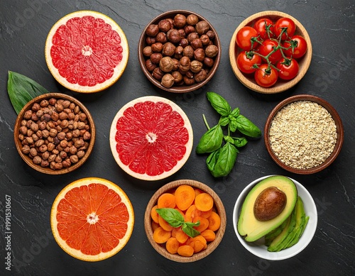Assortment of fresh fruits, nuts, and veggies in bowls