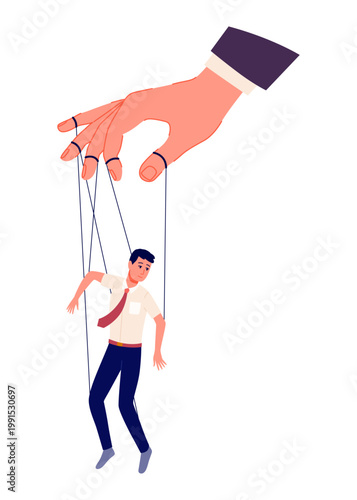 Puppeteer hand controlling puppet. Business man or worker being controlled by puppet master. Manipulates man like puppet. Employer domination exploitation or authority manipulator