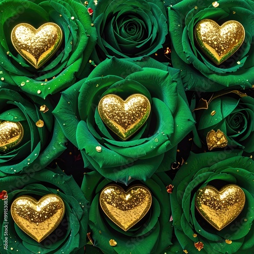 Green roses with gold heart ornaments, close-up