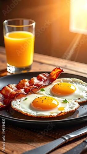 Breakfast eggs, bacon, juice, sunlight, and a wooden table