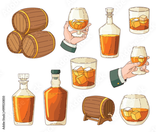 Whiskey advertising vintage design elements. Glass bottle, man hand holding glass of scotch with ice cubes, wooden alcohol barrel icon collection. Vector alcohol products
