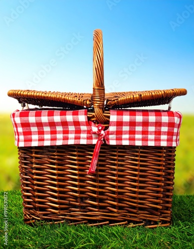 Wicker basket with red checkered liner on grass