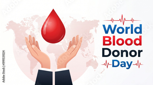 Hands holding red blood drop on global map background for world donor awareness campaign promoting healthcare support compassion and life saving donation concept