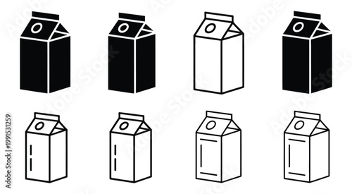 Black, and white milk carton illustration set with different shapes and angles, vector graphics, dairy packaging containers, beverage box design, minimal outline style, flat vector illustration for 