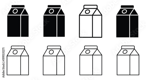 Black, and white illustration of various milk carton shapes and orientations, vector set, dairy packaging containers, beverage box packaging design, minimal line art, flat vector graphics for food 