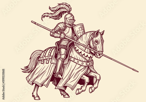 Medieval Knight in Full Armor Riding a Horse with Lance Illustration - Vintage Engraving Style