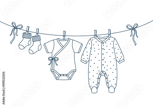 Baby Clothes Line Art Illustration - Newborn Bodysuit, Polka Dot Sleepsuit, and Tiny Socks Hanging on Clothesline for Baby Shower and Pregnancy Concepts