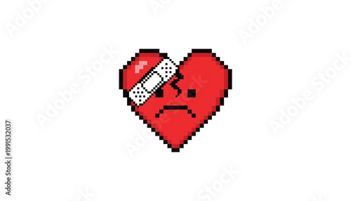 Pixel art broken heart with adhesive bandage and sad face, nostalgic gaming icon vector on white
