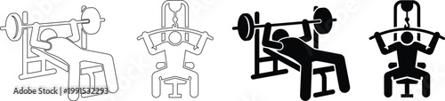 Gym Workout and Fitness Exercise Vector Icon Set with Bench Press and Lat Pulldown Machines
