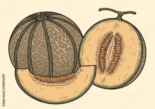 Vintage Hand-Drawn Cantaloupe Illustration Featuring Whole Fruit, Half Section with Seeds, and a Slice. Retro Botanical Muskmelon Engraving Style on Beige Background.